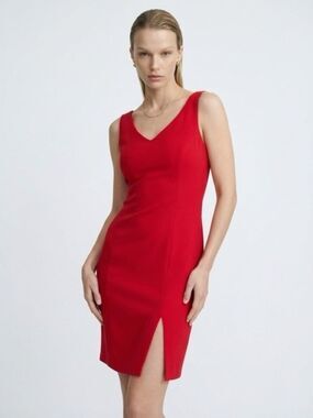 Hugo Buscati Red Sleeveless V-Neck Sheath Red Dress with Front Slit
